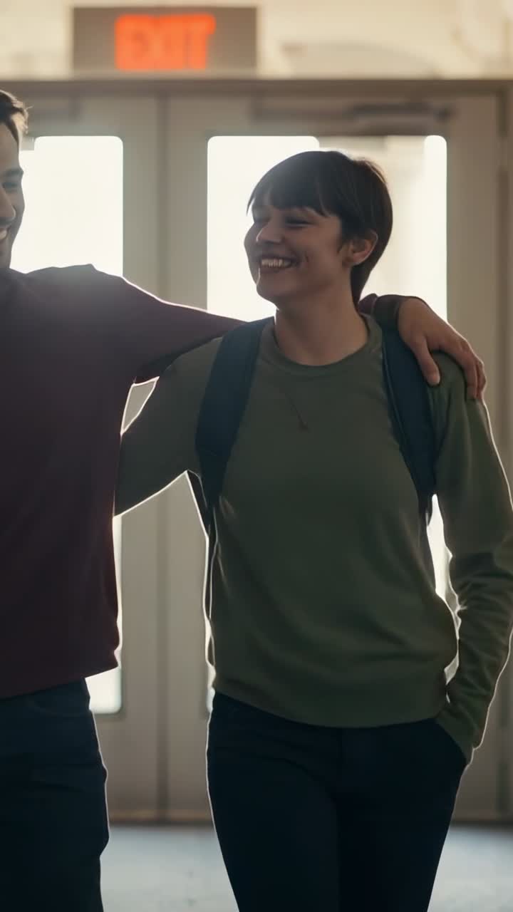 Vertical video: Draping arm, couple walking, leaving foyer toward glass doors, EXIT sign, backpack