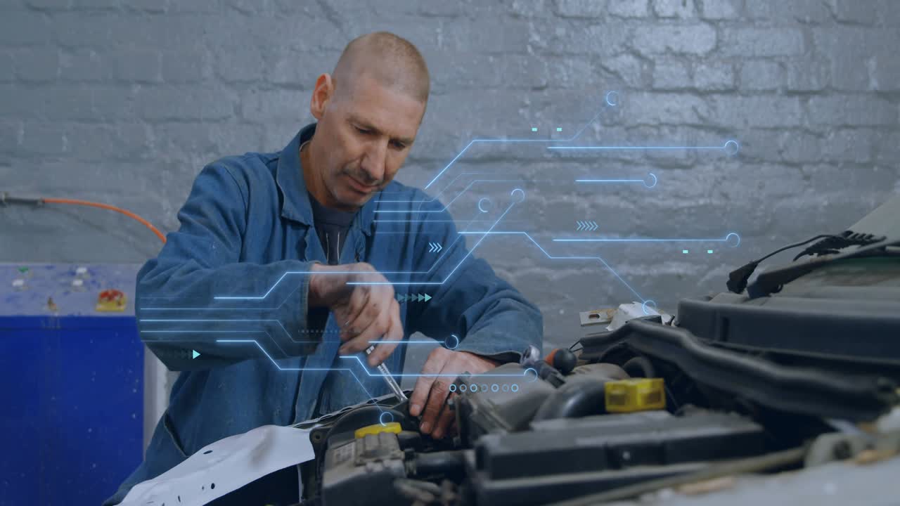 Mechanic picking up screwdriver loosening bolt for engine diagnostics as circuit overlay updating