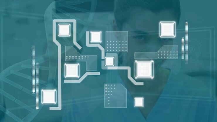 Animation of integrated circuit over caucasian female lab worker with tablet