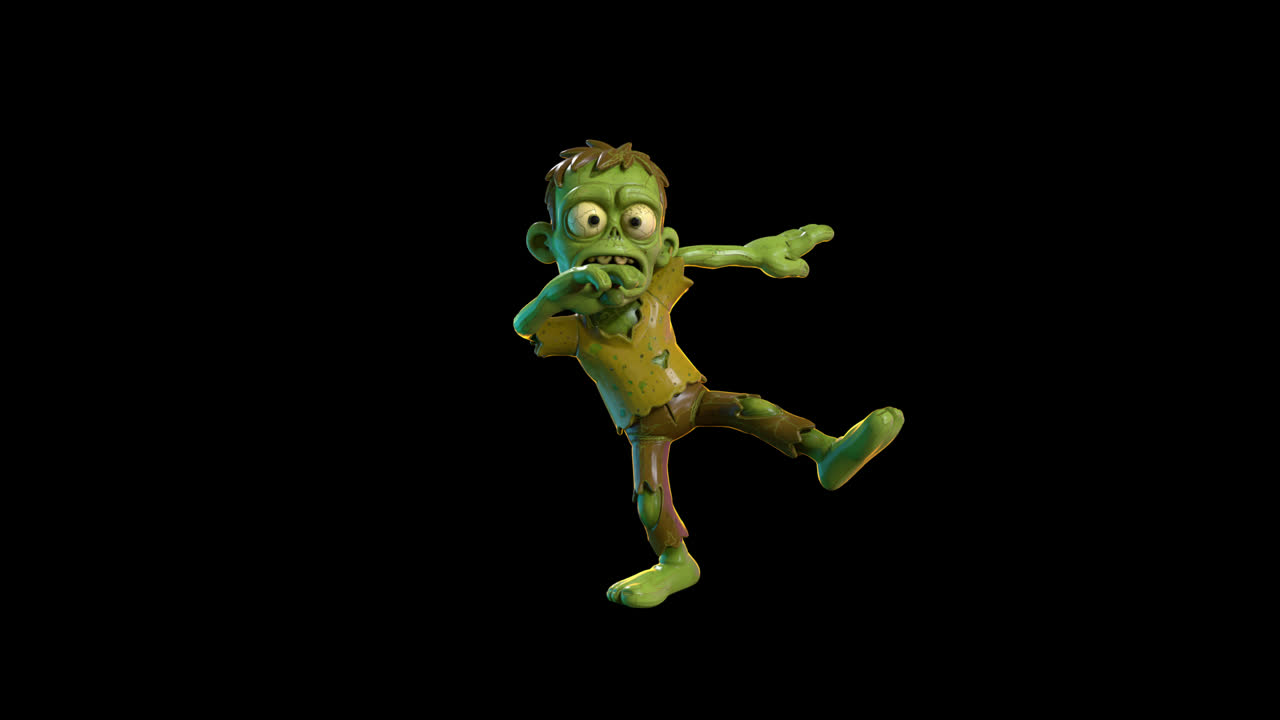 Personaggio zombie a cartoni animati che cammina e inciampa