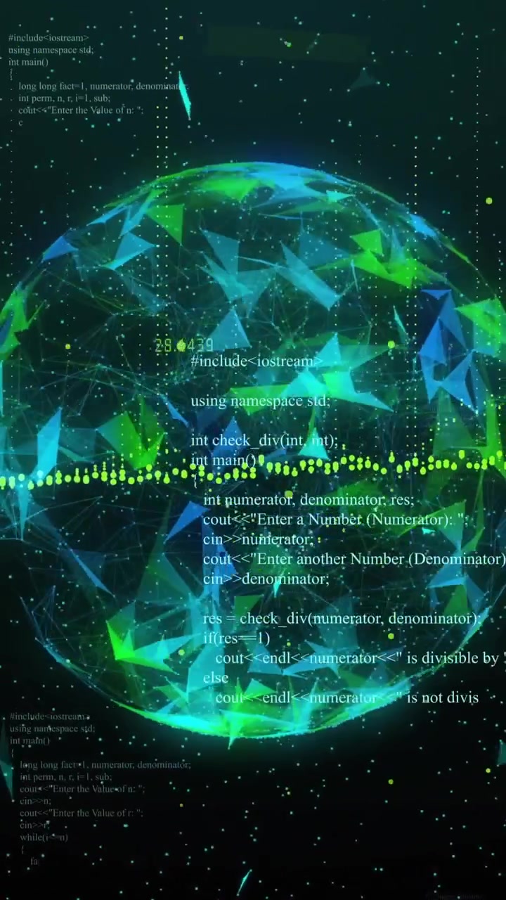 Vertical video: On load hologram globe rotating while code and numbers scrolling, showing live data