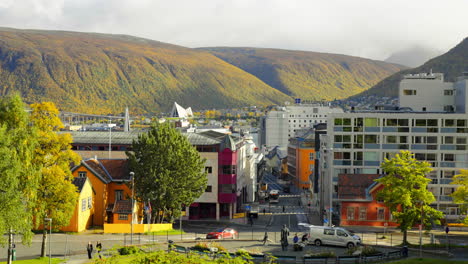 Mountain-In-Autumn-Colors-Seen-Across-The-City-Of-Tromso-In-Norway