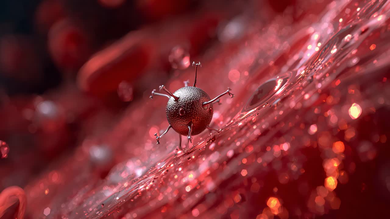 Microscopic View of a Virus Infecting Blood Cells