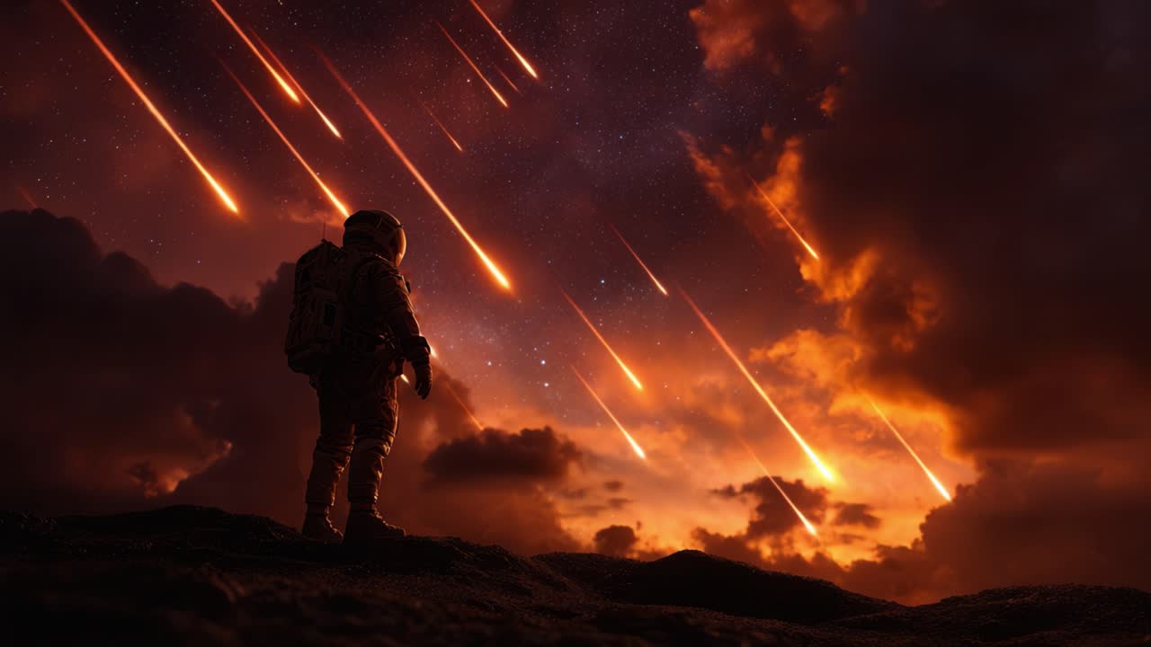 Un astronaute se tient au milieu d'une spectaculaire pluie de météores, contemplant le spectacle cosmique époustouflant tandis que le ciel est illuminé par des traînées enflammées d'étoiles filantes.