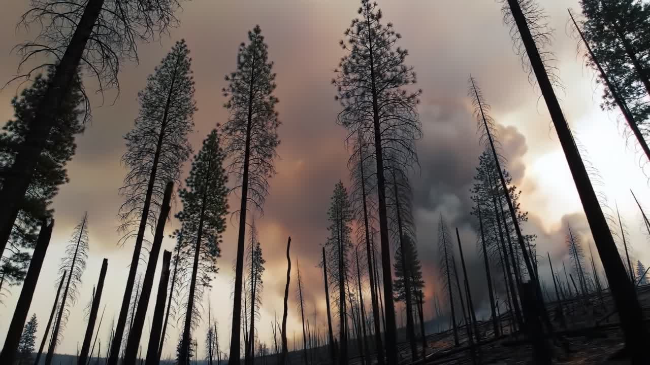 Un contrasto straordinario di resilienza: la bellezza delle foreste carbonizzate su un cielo fumoso catturata in queste immagini suggestive