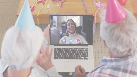 coronavirus concept text against senior couple celebrating birthday on video call at home