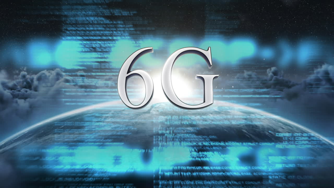 animación de texto de 6g sobre el globo y procesamiento de datos en fondo azul