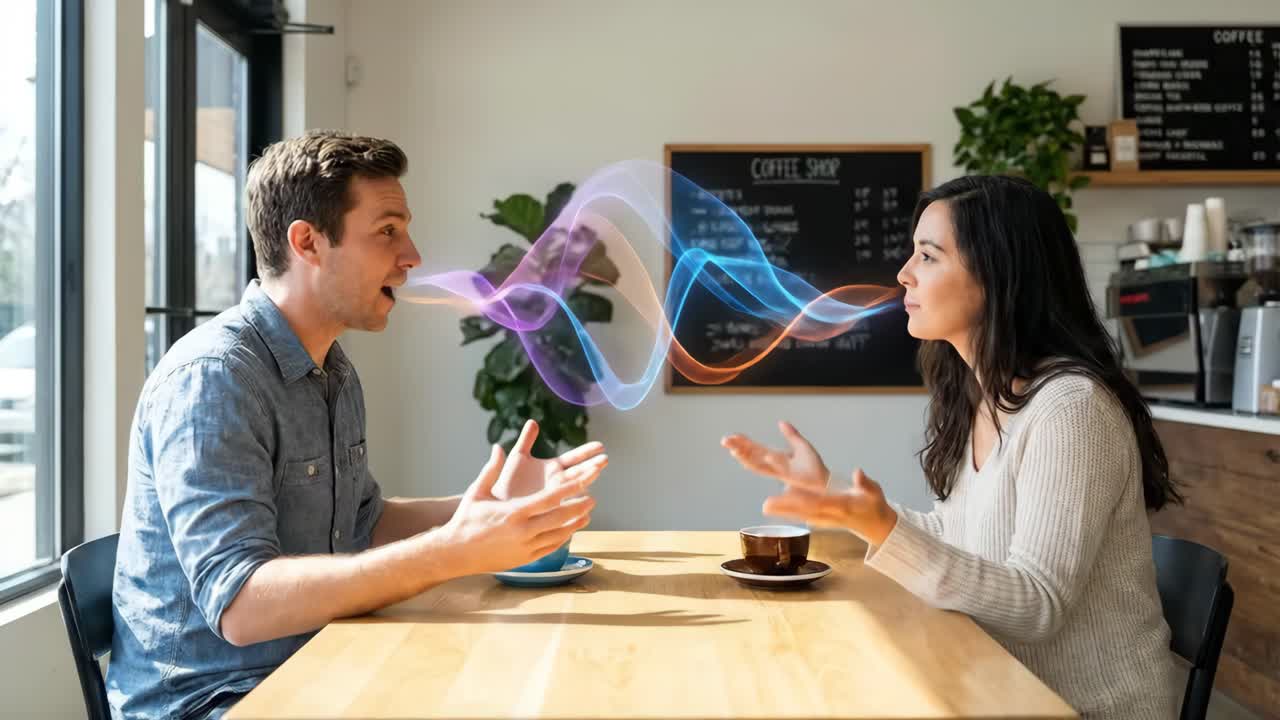 Uomo e donna che conversano con onde sonore animate in una caffetteria