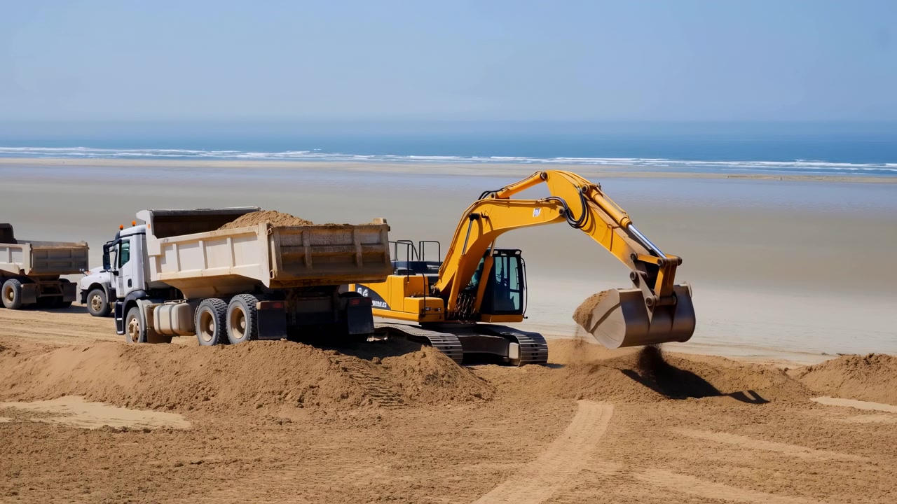 A dynamic scene of an excavator loading sand into a dump truck at a bustling construction site. The side view captures the active industrial atmosphere, highlighted by the yellow and gray t.
