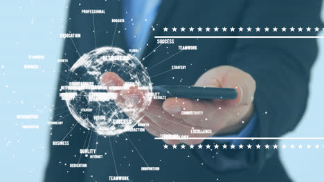 animation of data processing and globe over caucasian businessman with smartphone