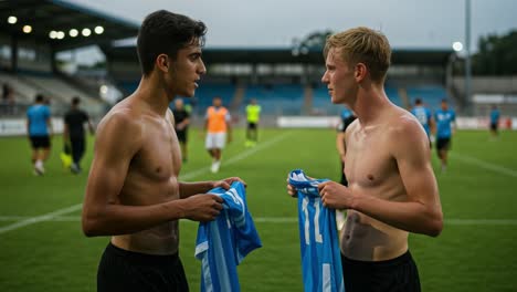 two young athletes engage in a heartfelt moment on the soccer field, exchanging jerseys post-match, celebrating sportsmanship and friendship