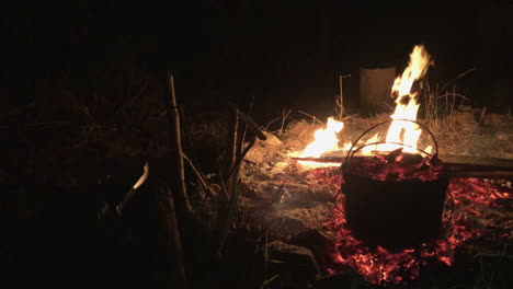 Fire-Ring-Cooking,-Hot-Coals-on-Camp-Oven,-Flames,-Torchlight-HANDHELD