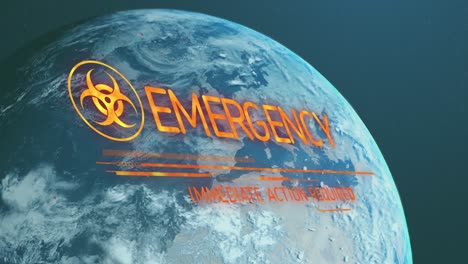 Biohazard-symbol-and-emergency-text-in-orange-over-planet-earth