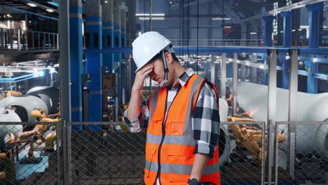 vista lateral de un ingeniero masculino asiático con casco de seguridad que tiene dolor de cabeza mientras está de pie en una fábrica de fabricación de turbinas eólicas