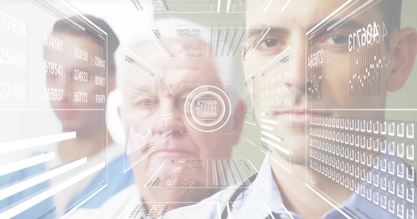Three medical professionals pausing, activating 3D overlay scanning vital metrics across team