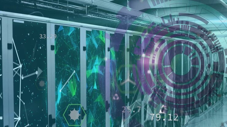 Animation of scope scanning and data processing with icons over server room