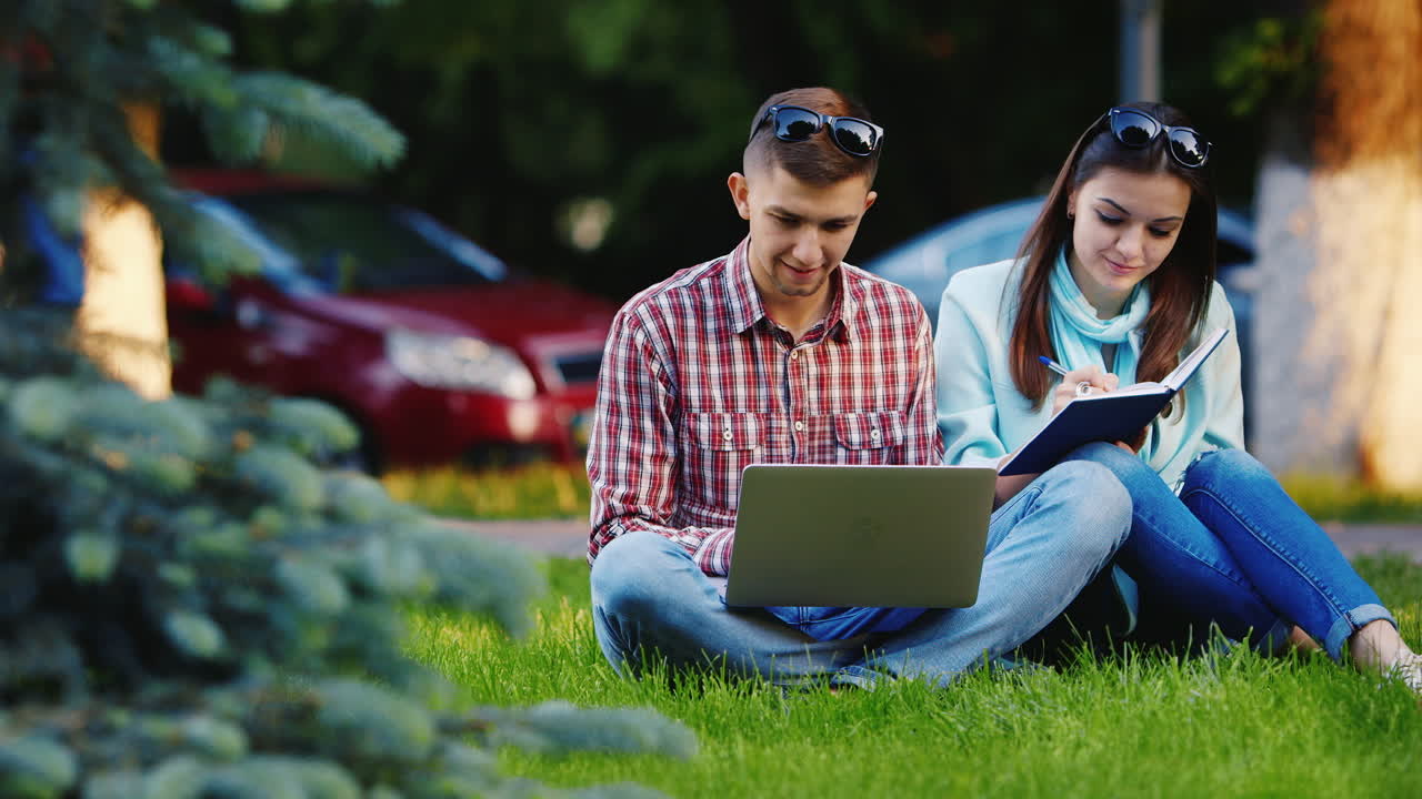 estudiantes hombre y mujer trabajando con una laptop en el parque video hd