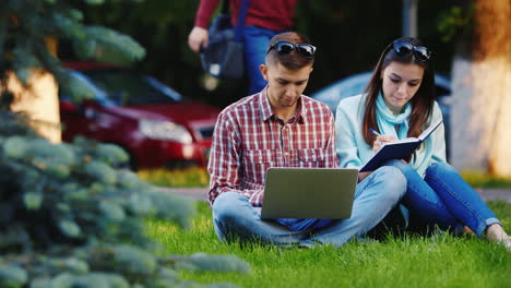 estudiantes hombre y mujer trabajando con una laptop en el parque video hd