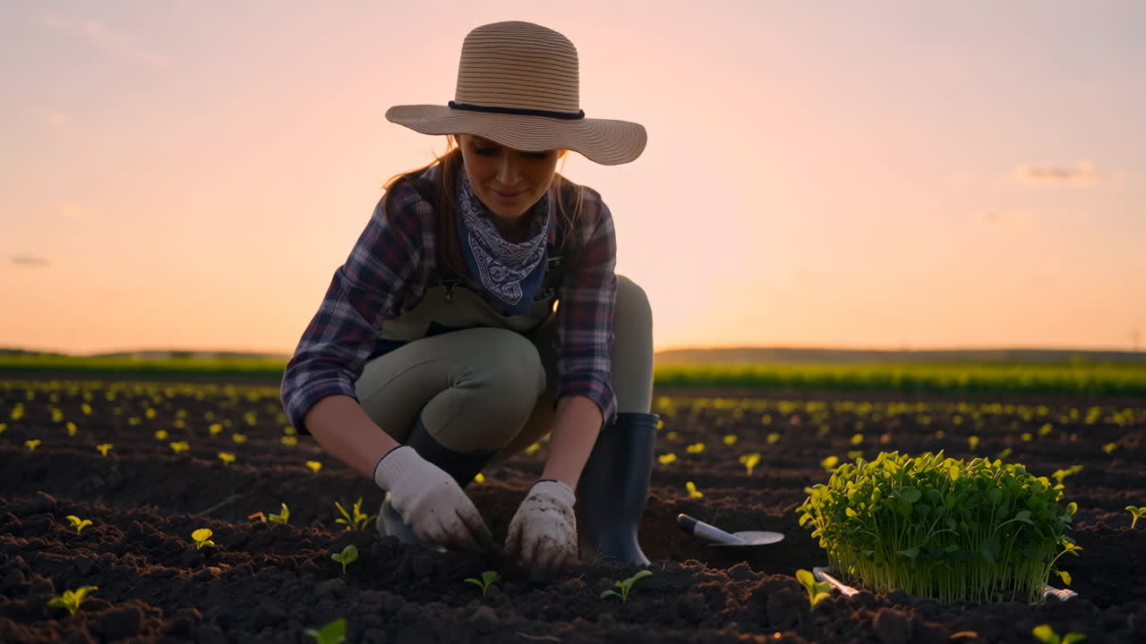 Contadina che pianta piantine in un campo al tramonto