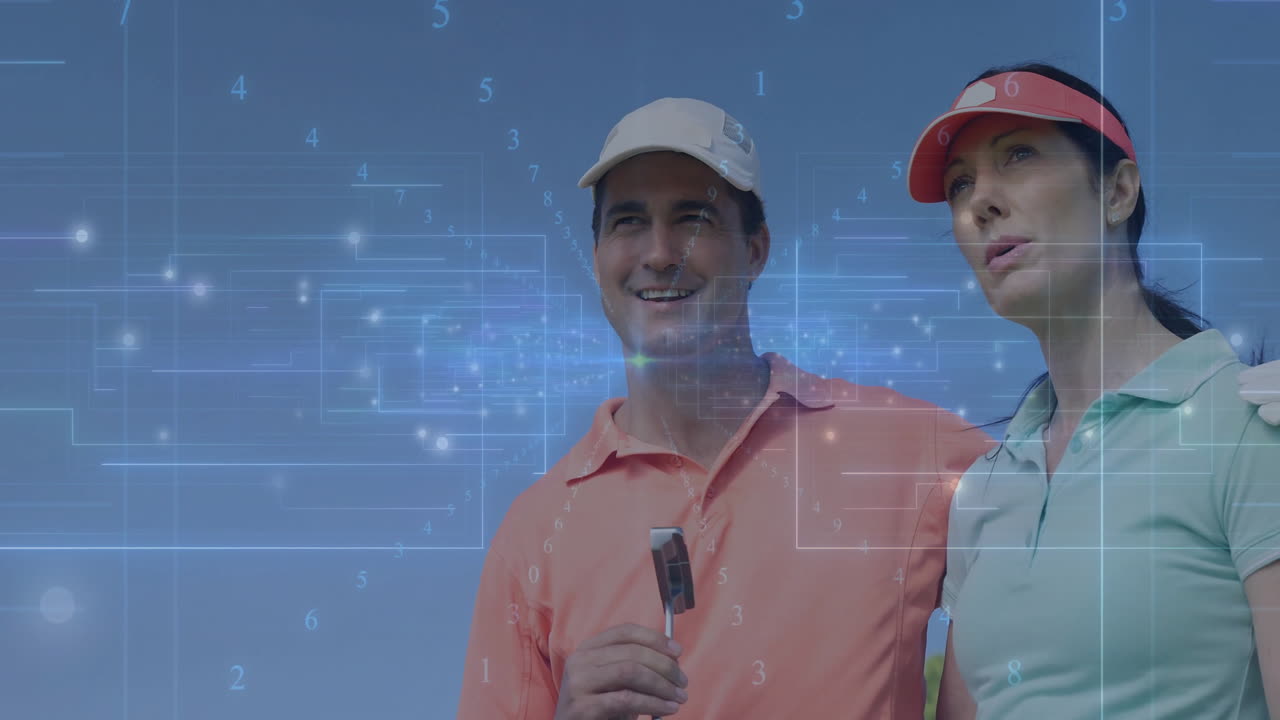 Male golfer with putter on course visor-clad female golfer delivering sports tech with data overlay