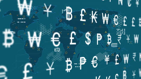 animation of world map over currency symbols