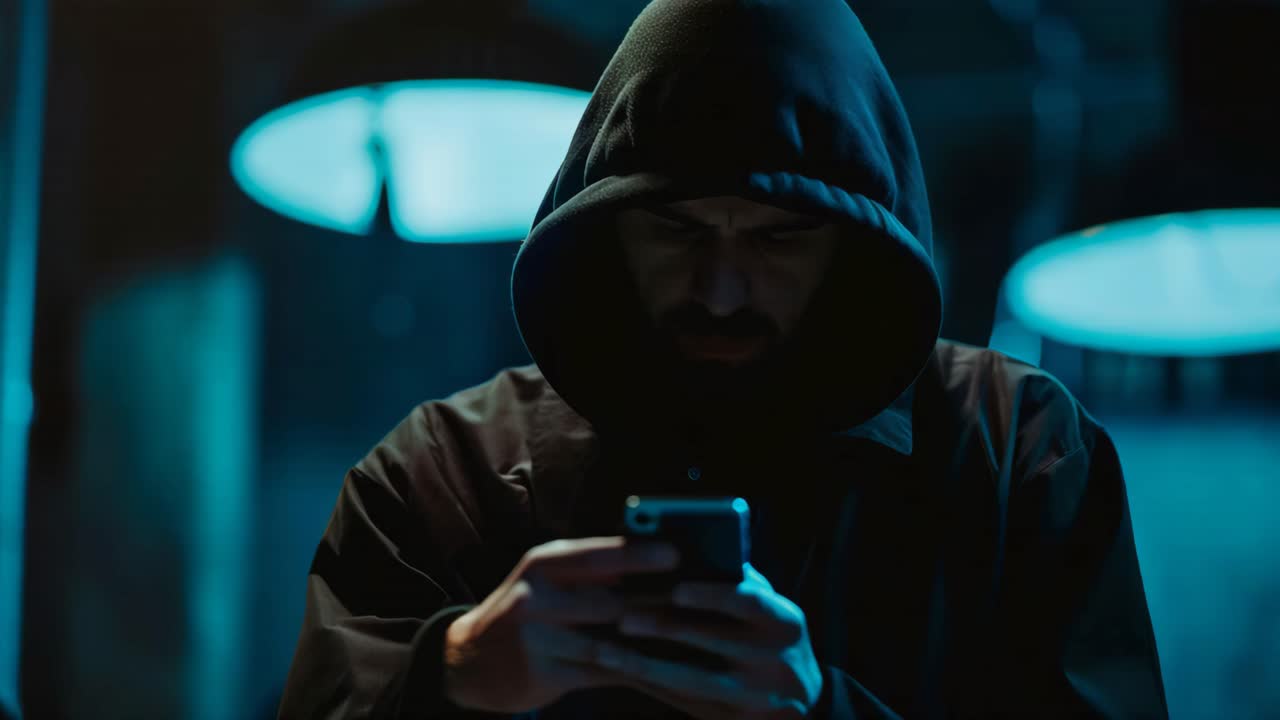 Person using a smartphone in a dark cafe at night.
