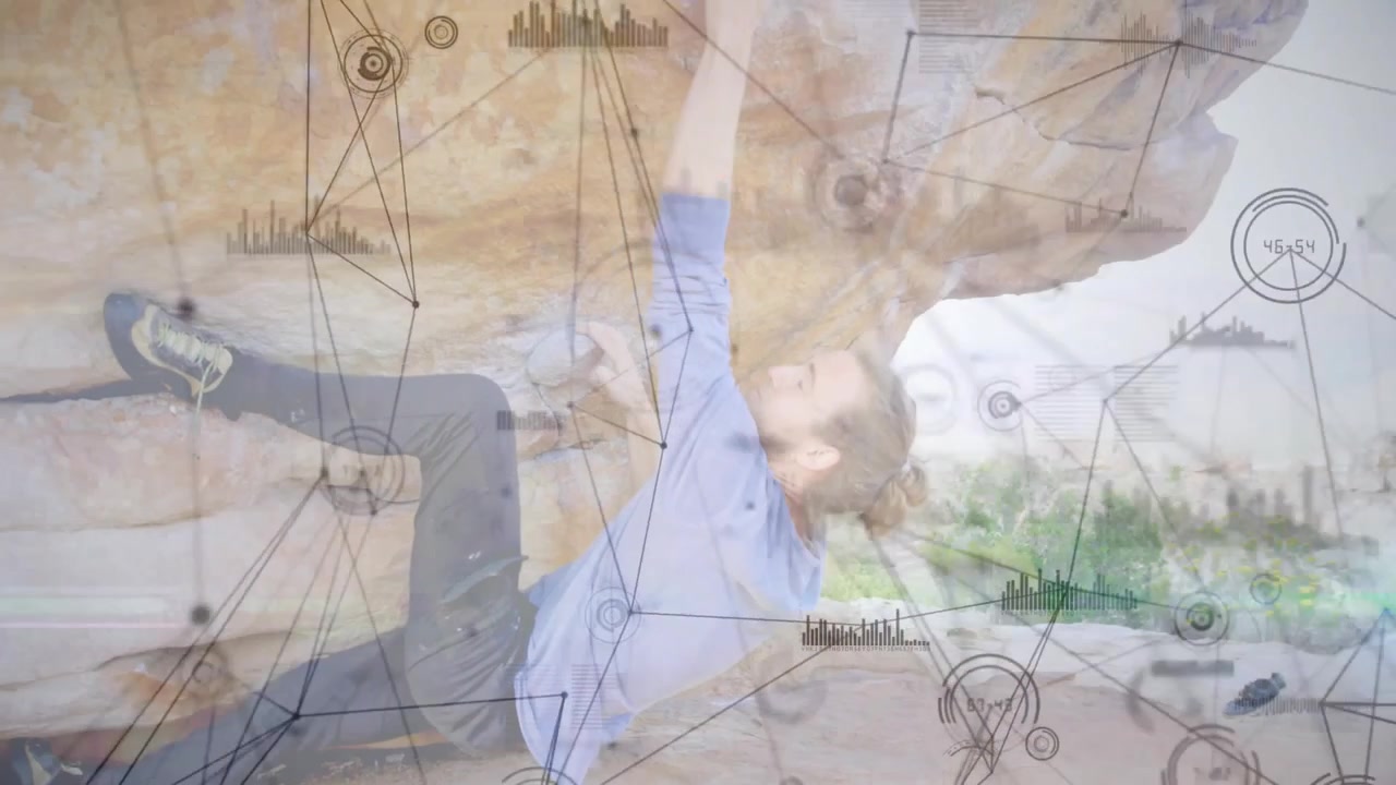 Male athlete initiating climbing move gripping holds with digital overlay visualizing sports move