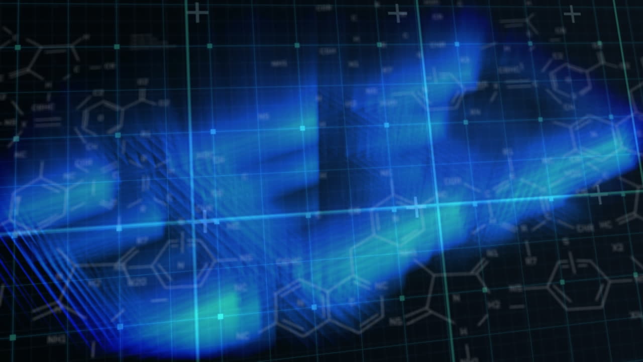 animación de fórmulas químicas y líneas azules en espacio digital negro