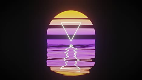 Animation-of-white-triangle-over-glowing-yellow-to-purple-circle-reflected-in-water
