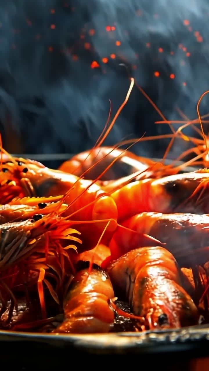 Grilled shrimp sizzling over open flames. Succulent shrimp cook over vibrant flames, releasing enticing aromas into the air during a lively outdoor gathering.