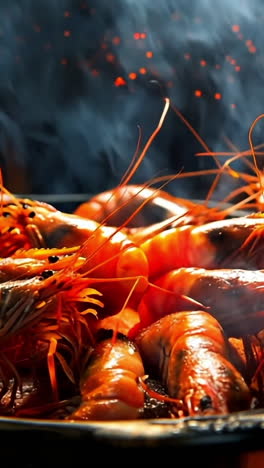 grilled shrimp sizzling over open flames. succulent shrimp cook over vibrant flames, releasing enticing aromas into the air during a lively outdoor gathering.