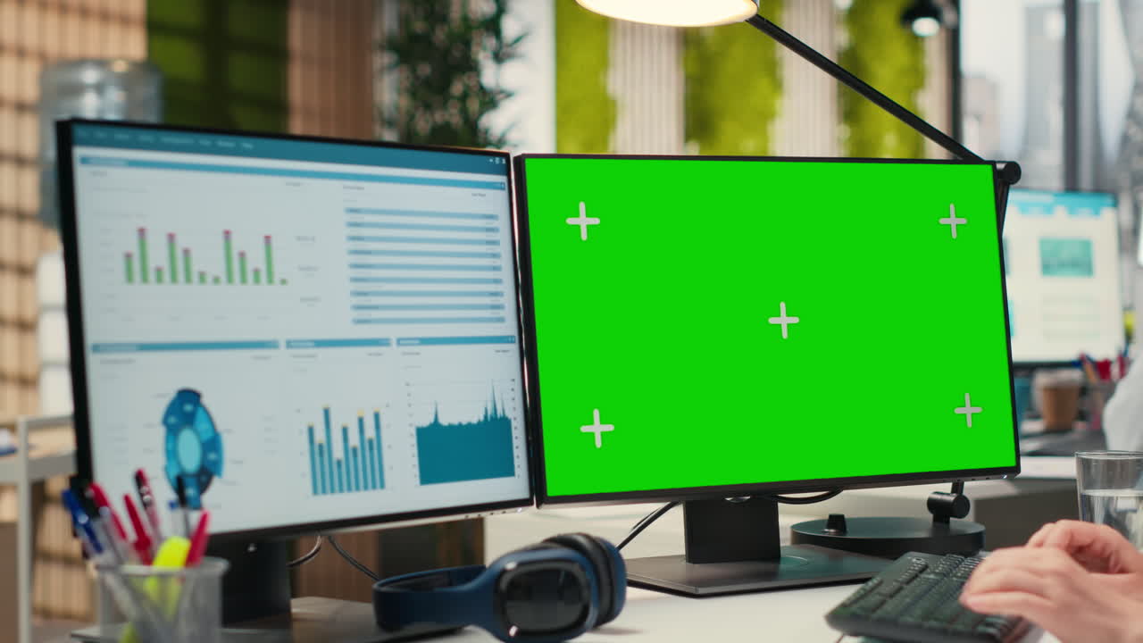 Executive assistant analyzing KPI metrics on computer monitor with mockup