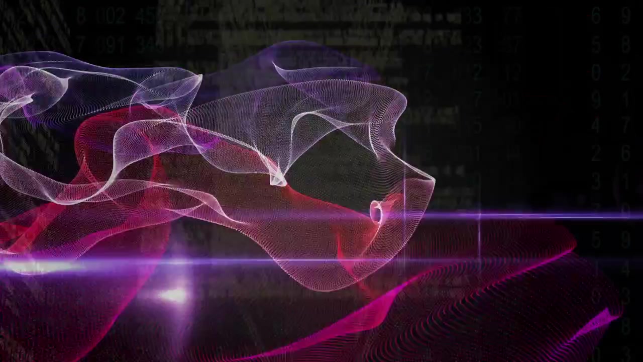 Animation of waves and lights on black and purple background