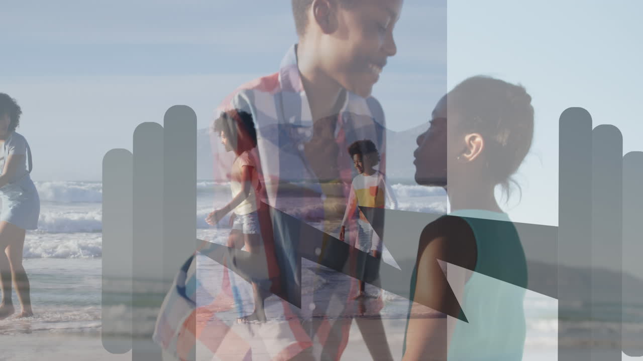 animación de formas sobre una familia afroamericana en la playa