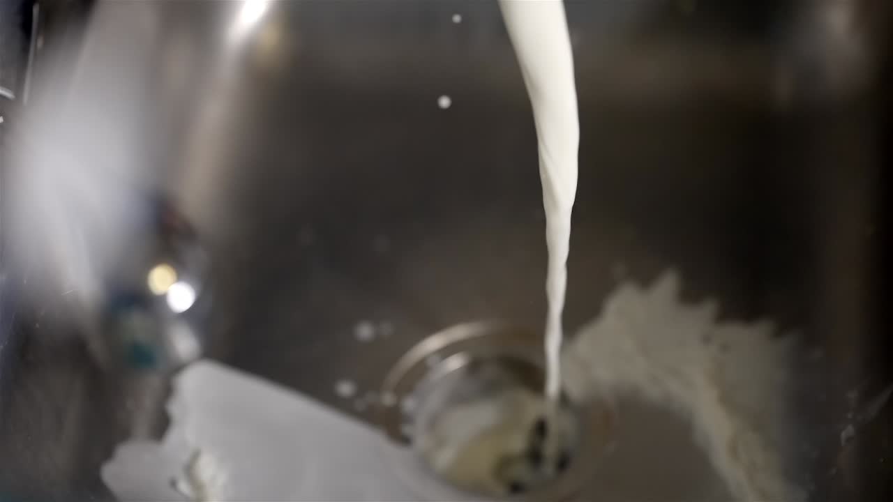 White Milk Being Poured Down a Stainless Steel Kitchen Sink Drain