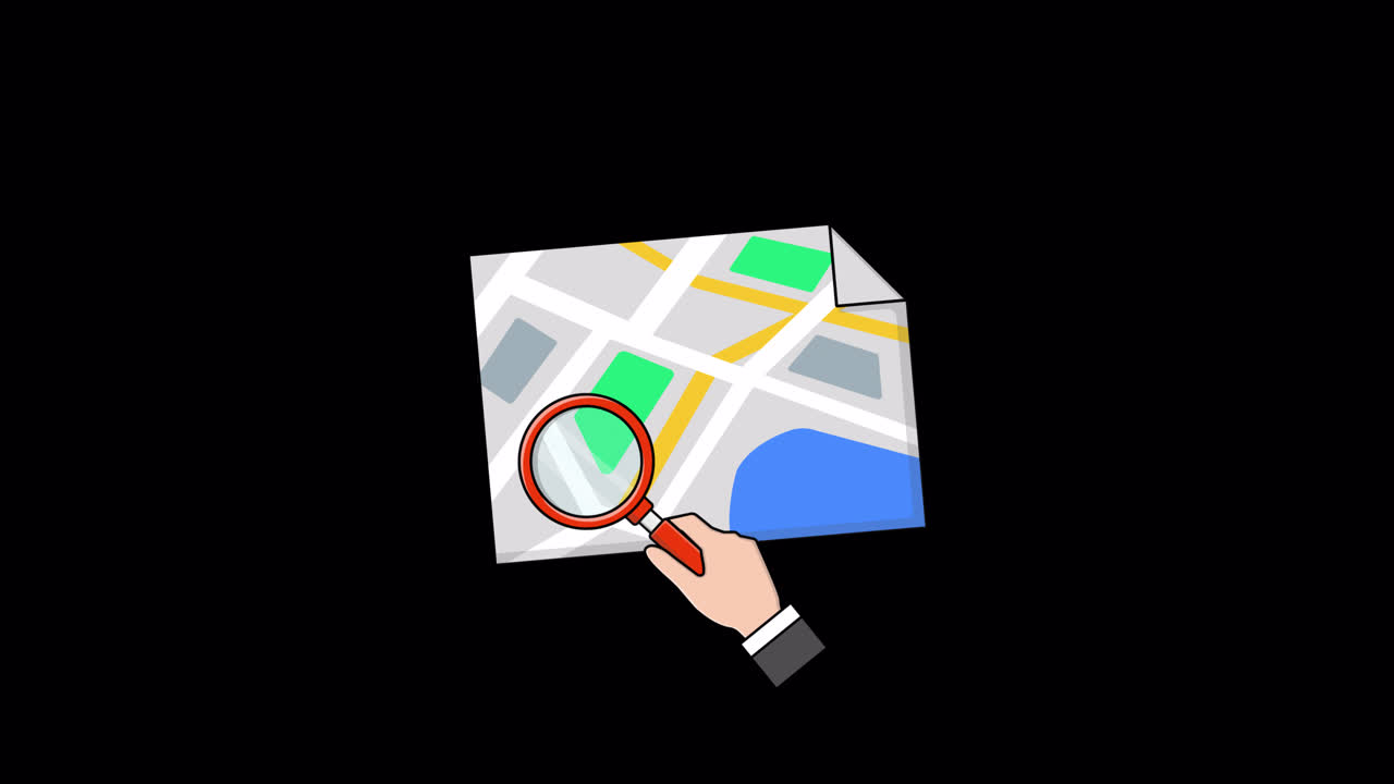 Animated Hand Searching Map with Magnifying Glass
