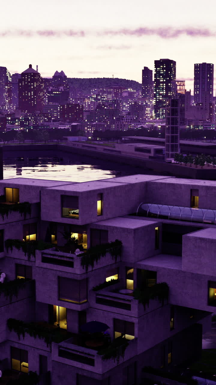 Modern architecture merges with city skyline at dusk in urban landscape