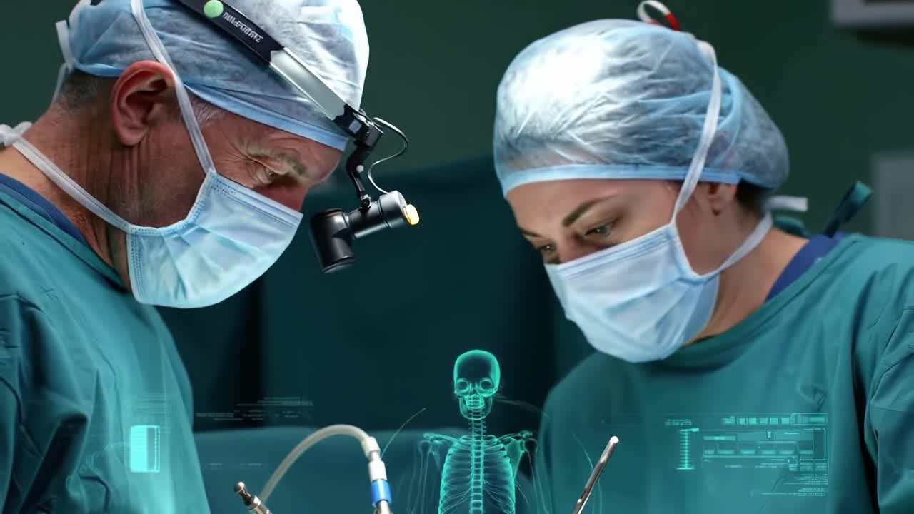 Two Surgeons Collaborating in an Operating Room, Focusing on an Intricate Surgical Procedure, Showcasing Precision and Teamwork Under Sterile Conditions