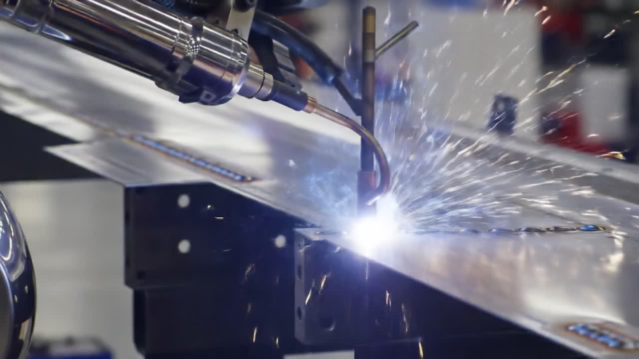 Precision Metal Welding Process: Capturing the Intricate Work of a Robotic Welder Emitting Sparks While Joining Metal Sheets Together in a Controlled Environment