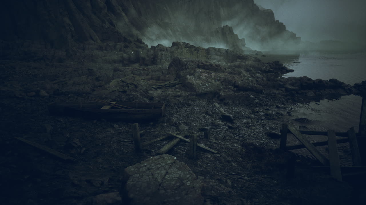 Atmospheric coastal landscape with rocky shore and foggy background