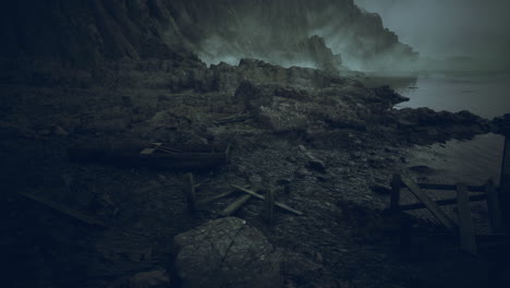 atmospheric coastal landscape with rocky shore and foggy background