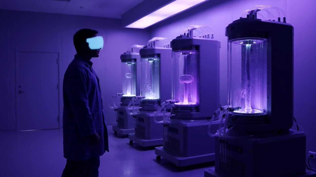 Scientist in VR Headset Observing Bioreactors in Futuristic Lab