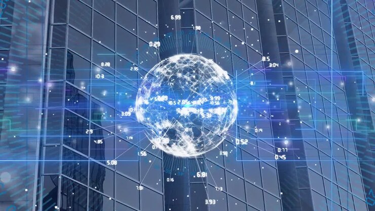 Animation of data processing over modern building and cityscape