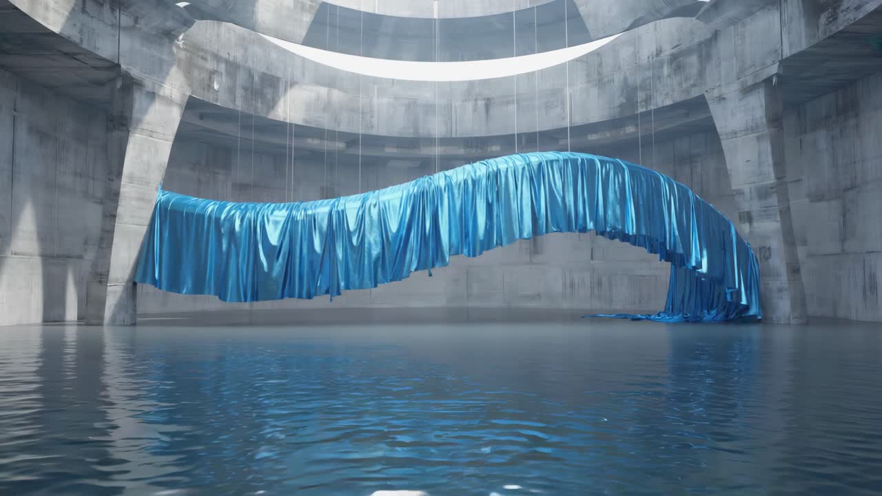Abstract Blue Fabric Installation in a Concrete Water Chamber