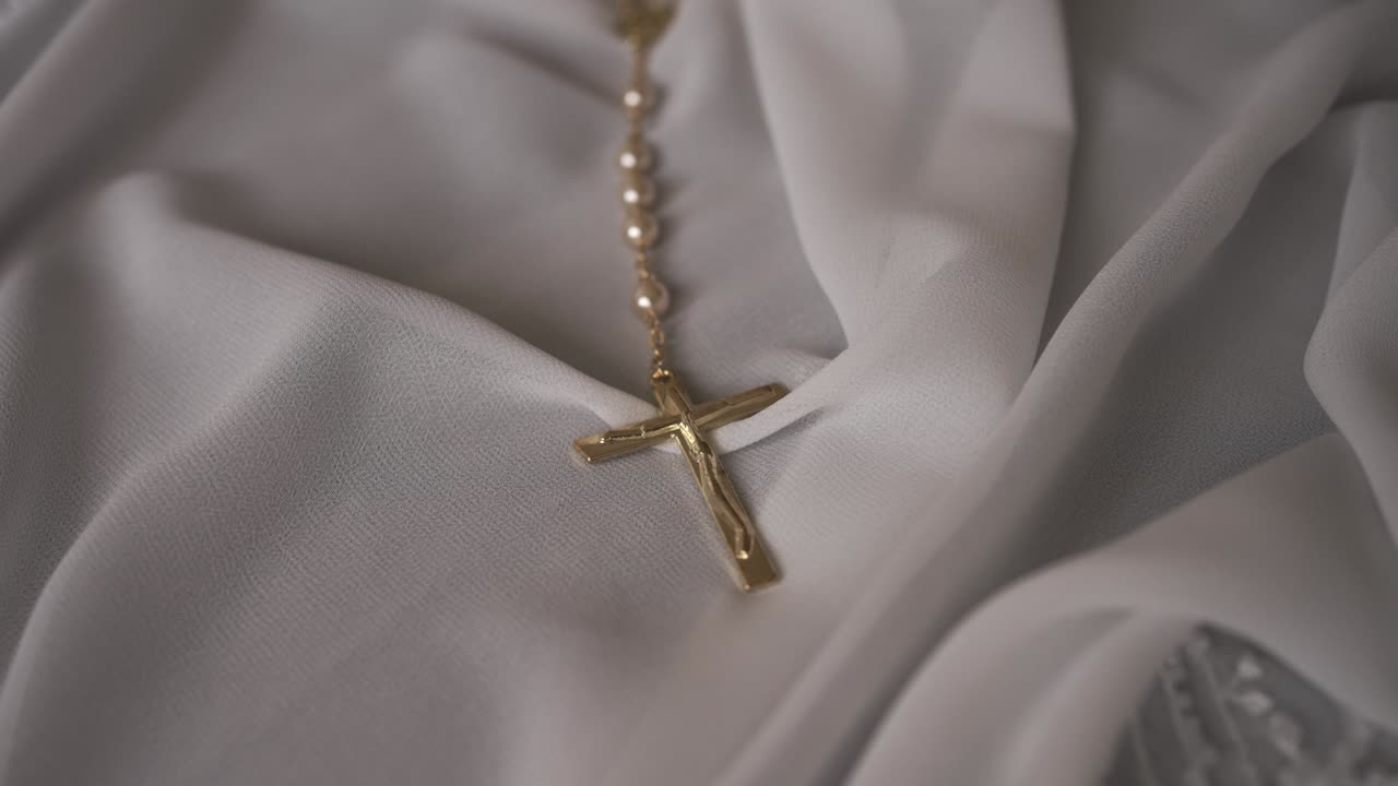 golden rosary whispers faith upon folds of gently placed white cloth