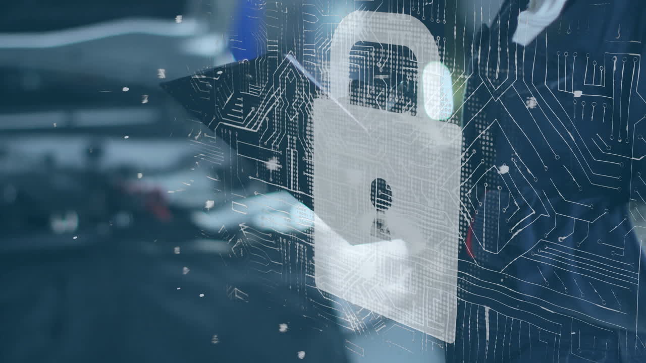 Woman typing on laptop in cybersecurity hub, featuring floating data particles and padlock overlay