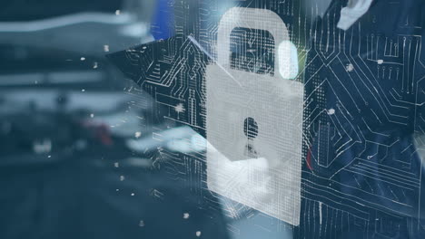 woman typing on laptop in cybersecurity hub, featuring floating data particles and padlock overlay