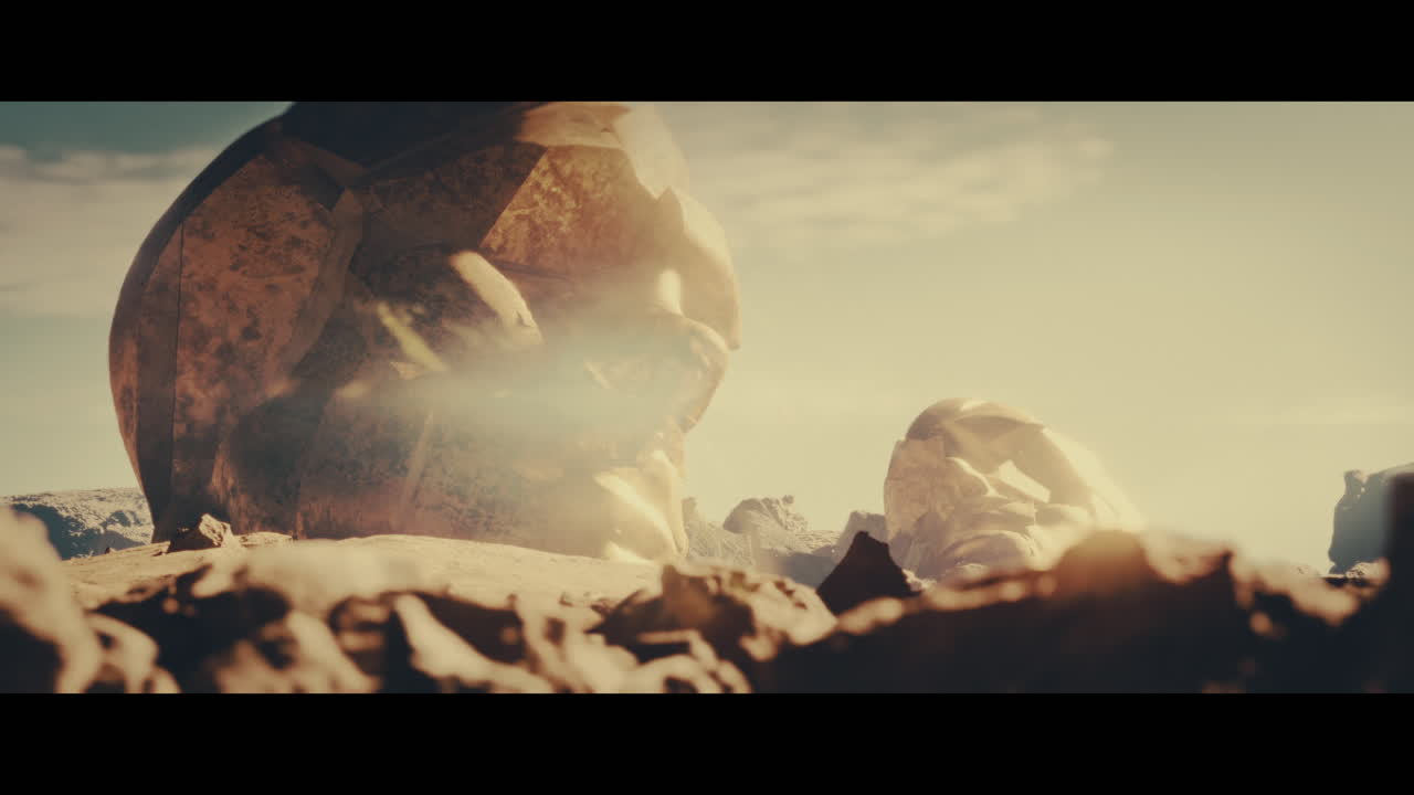 Statue dorate enormi nel deserto durante il tramonto