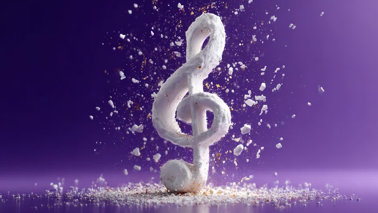 A Captivating Representation of Musical Harmony: An Elegant Treble Clef Surrounded by an Artistic Display of Sugar Crystals and a Vivid Purple Background