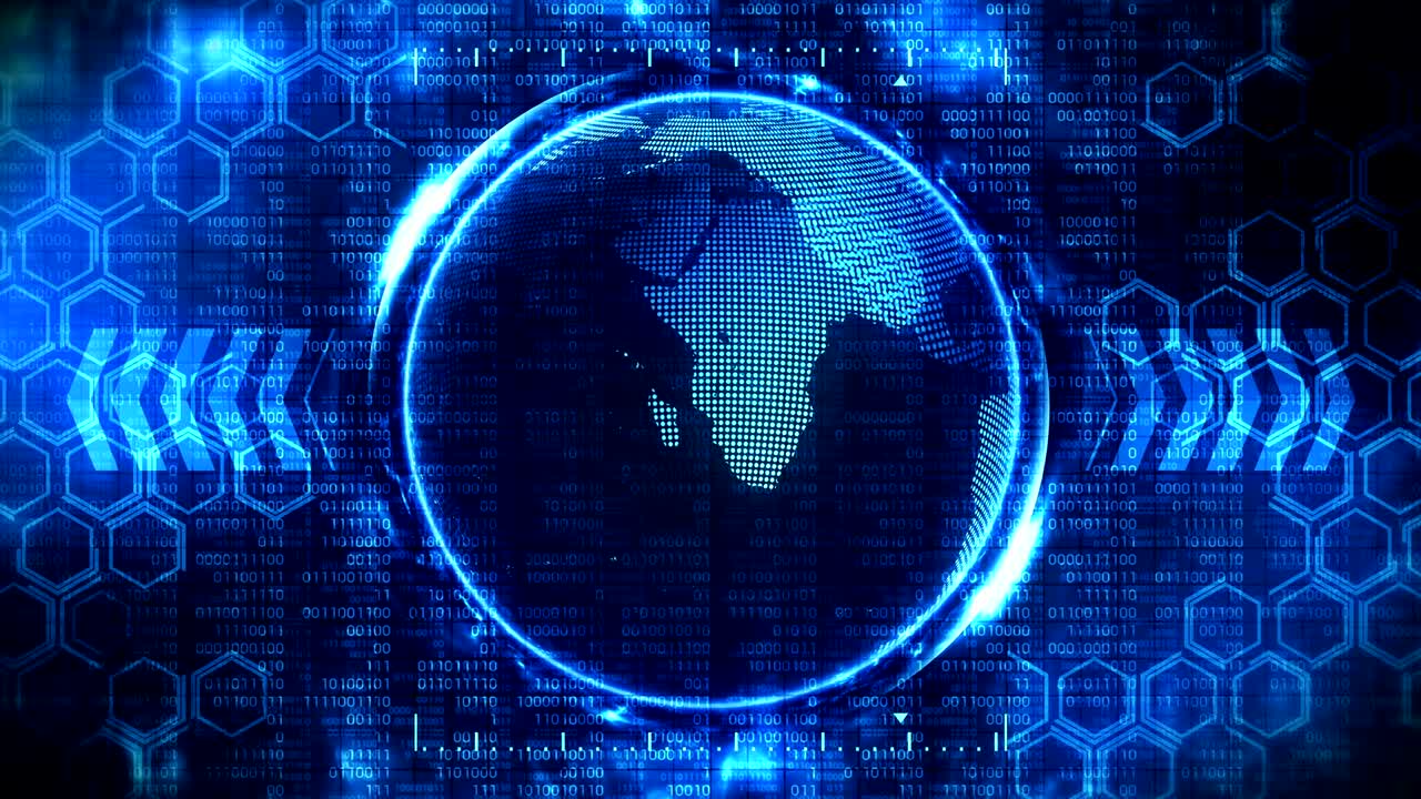 globo terrestre 3d con fondo de alta tecnología de negocios. animación de bucle de flecha de gráfico. diseño geométrico hexagonal y fondo de números binarios.
